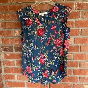 LOFT Navy Floral Sleeveless Blouse with Pink & Red Blooms Fairy BoHo Ruffle